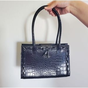 Liz Claiborne Faux Vegan Crocodile/Alligator Black Leather Satchel Purse Handbag